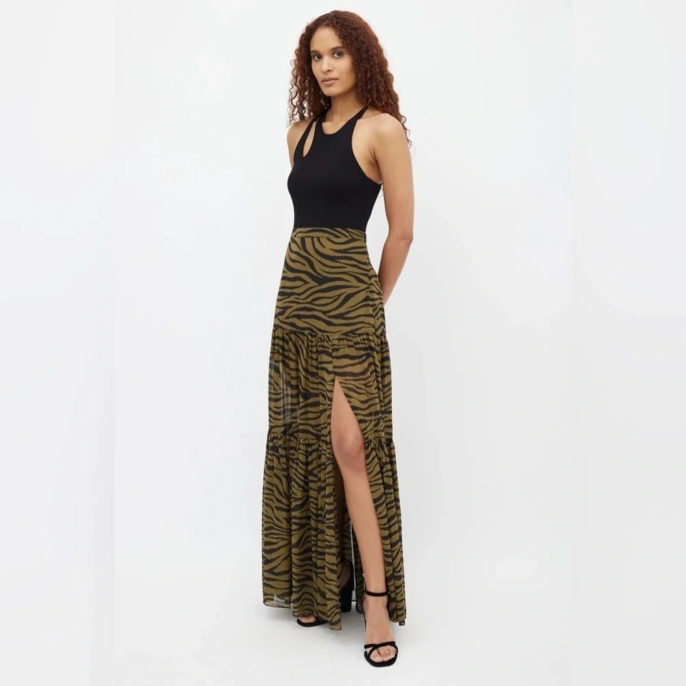 Veronica Beard Olive Green Serence Zebra Silk Maxi Thigh High Slit Skirt